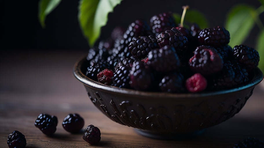 A bowl of freshly picked blackberries, glistening in the morning sun.