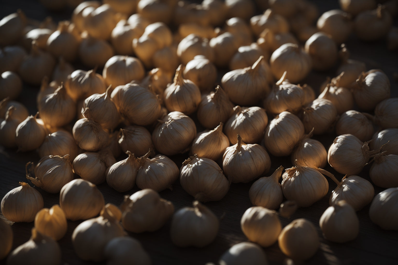 A close-up of a wooden table, covered in freshly harvested garlic bulbs, glistening in the sunlight.