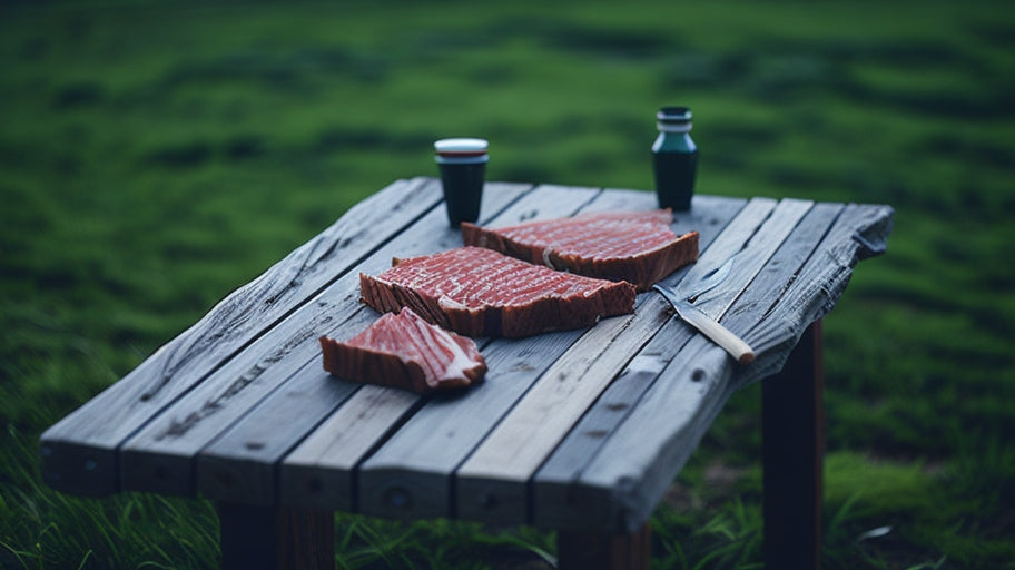 A lush, green meadow with a wooden table in the center, covered in freshly butchered raw meat.