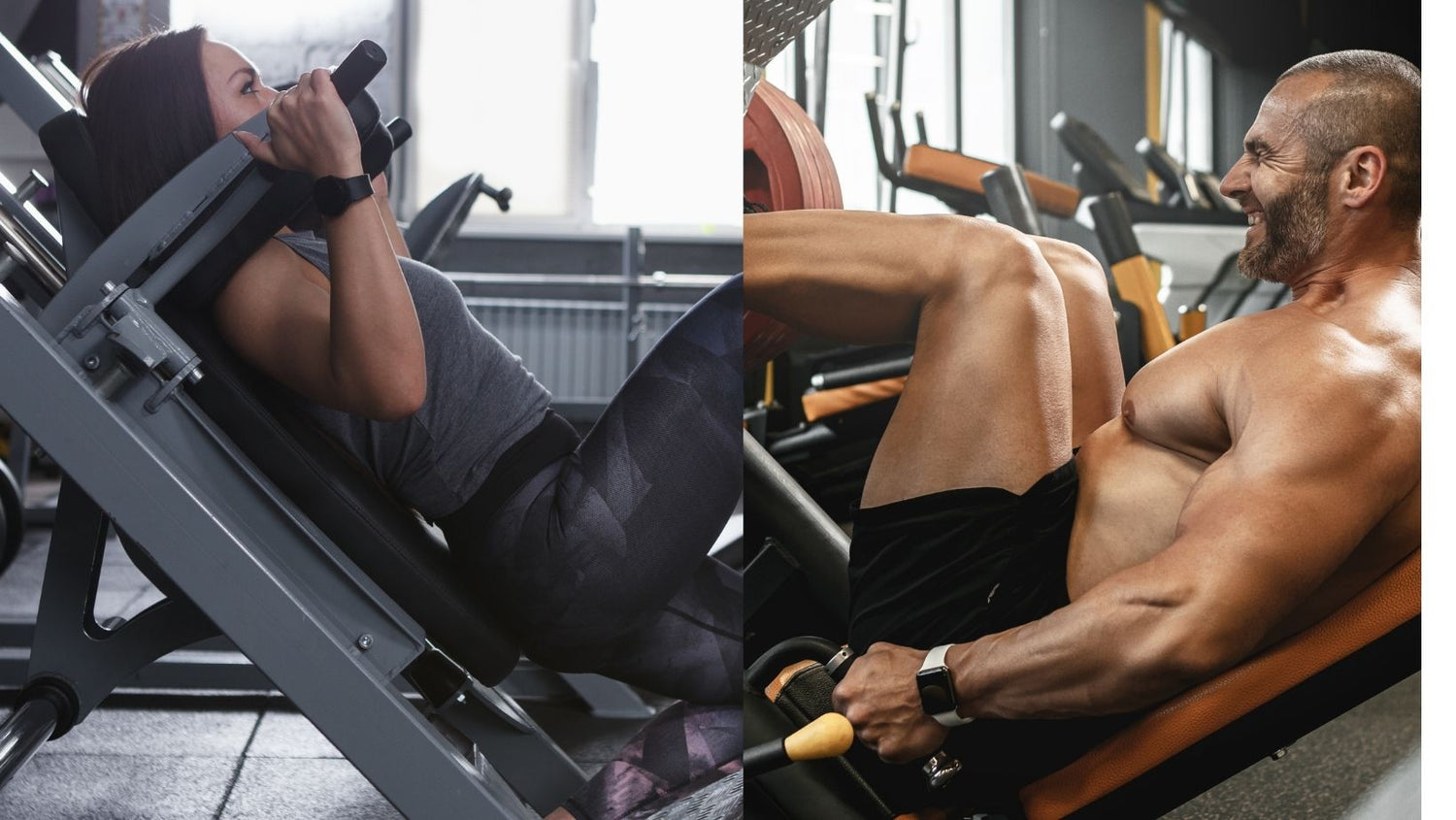 Bodybuilder Doing a Seated Leg Press Exercise and female using a hack squat machine in a Gym