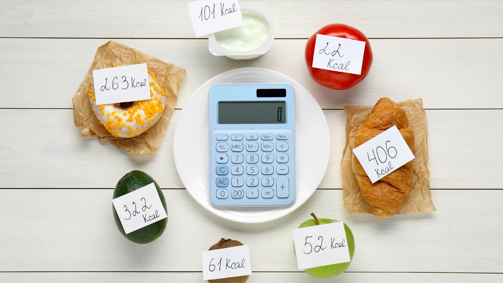 Food with the calorie amounts written on them in memo stick pad style surrounding a calculator on a plate