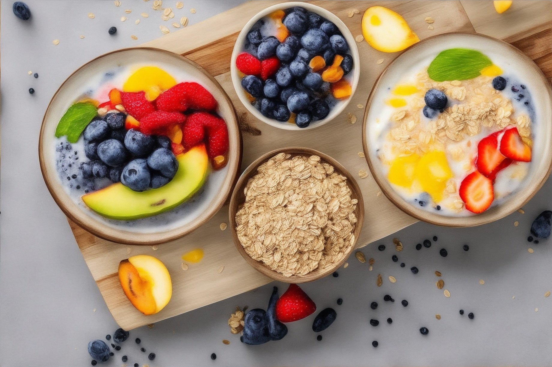 Bowls of oatmeal with mixed fruits topping Above view of multiple Healthy Oatmeal bowl with scattering oats flakes on wooden serving tray on grey background.