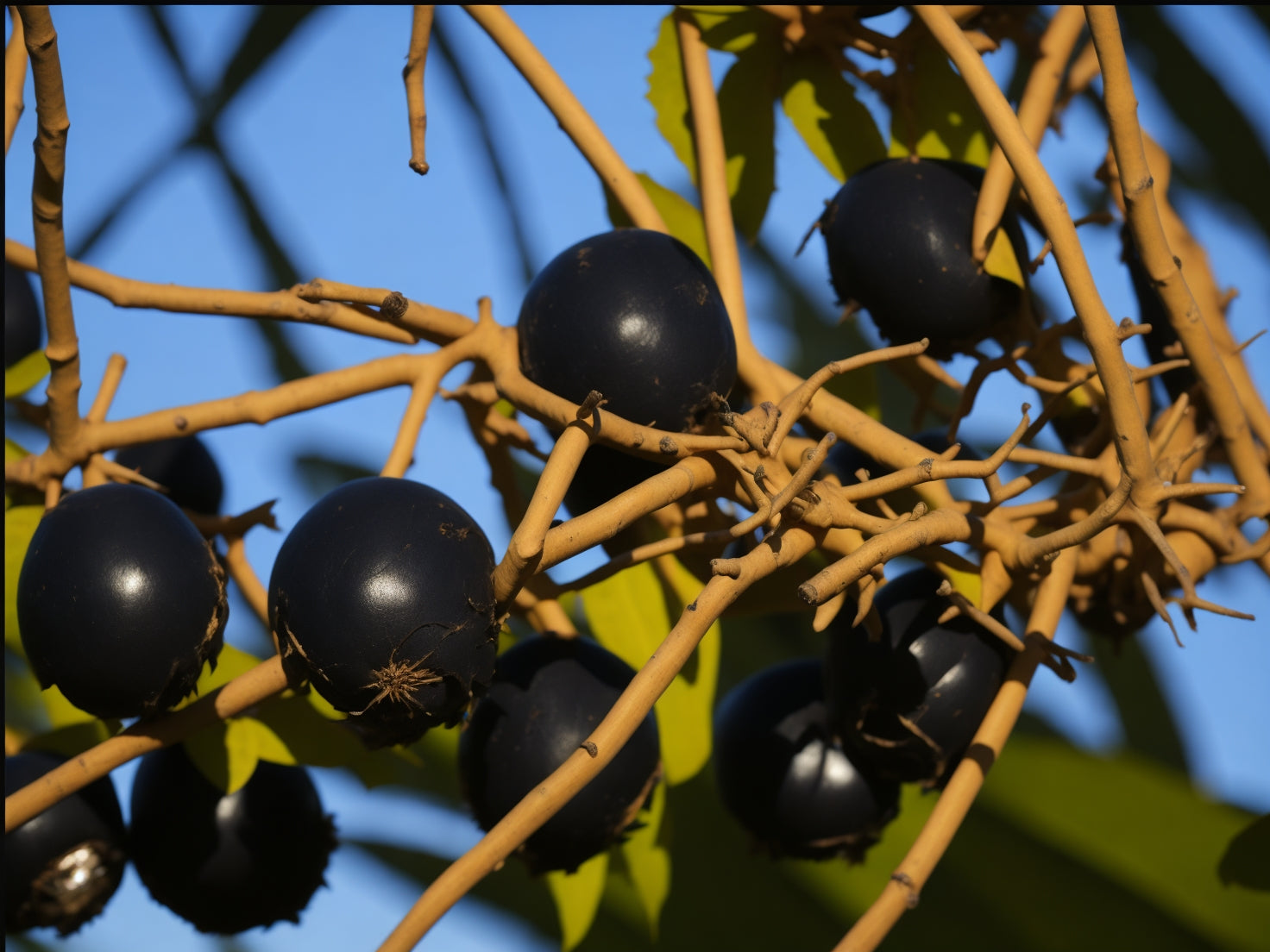 A close-up of a saw palmetto tree, its leaves and berries illuminated by a warm, golden light