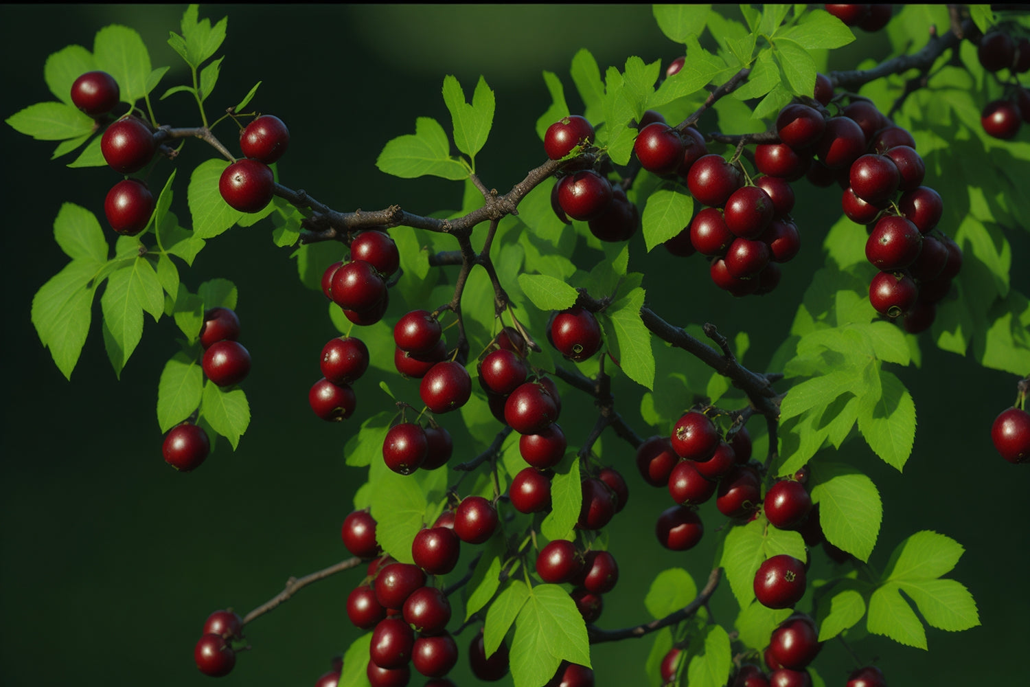 A vibrant close-up of a hawthorn tree branch, its berries glistening in the sunlight