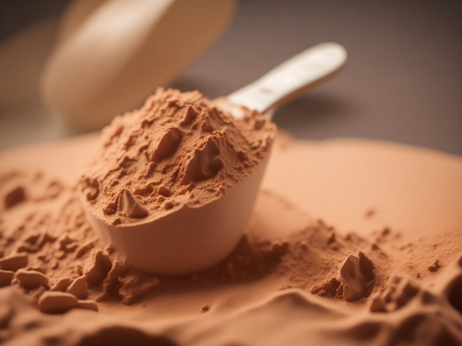 A vibrant scoop of whey protein powder, glistening in the light