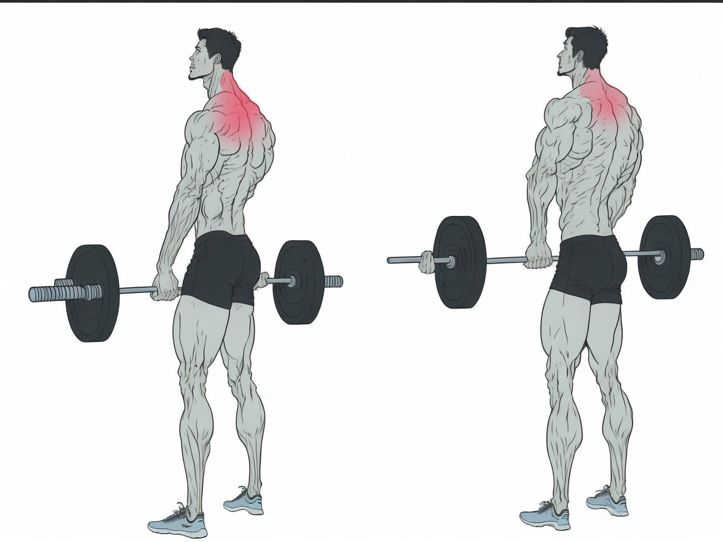 a man performing barbell shrugs. Muscles that are highly affected by this exercise is highlighted with a color red