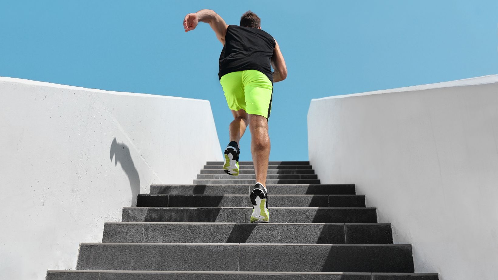 Stairs Exercise Fitess Man Running Fast up the Staircase for Hiit Cardio Workout Run at Outdoor Gym. Sport Active Athlete Lifestyle Training Legs Muscles