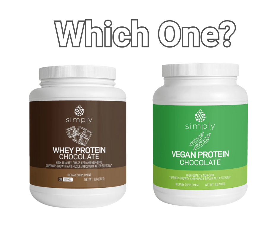 A picture of a chocolate flavored whey protein and a vegan protein with a text "Which One?"