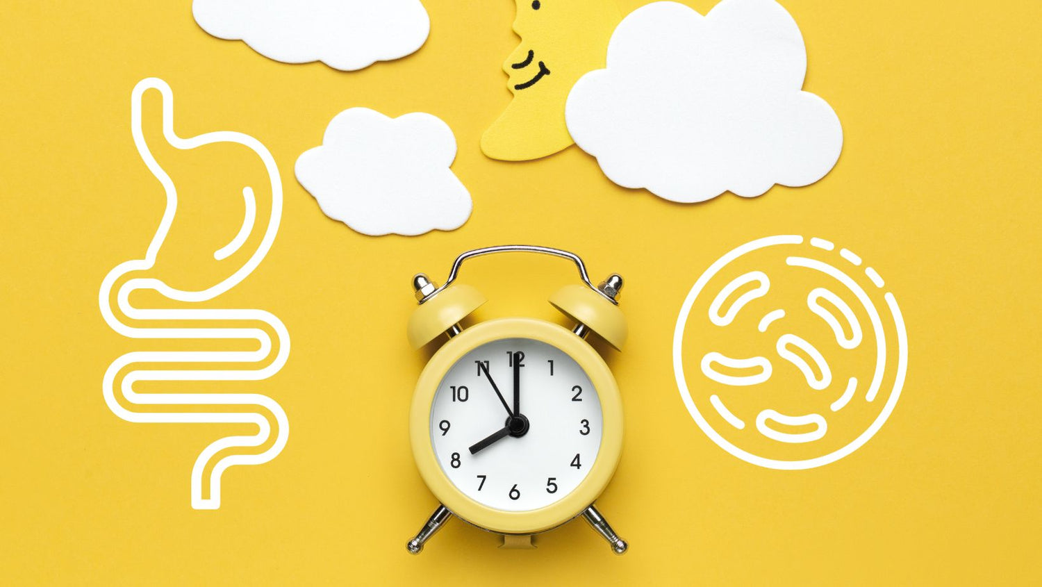 Yellow round alarm clock, moon and white clouds on the yellow background with guts symbol
