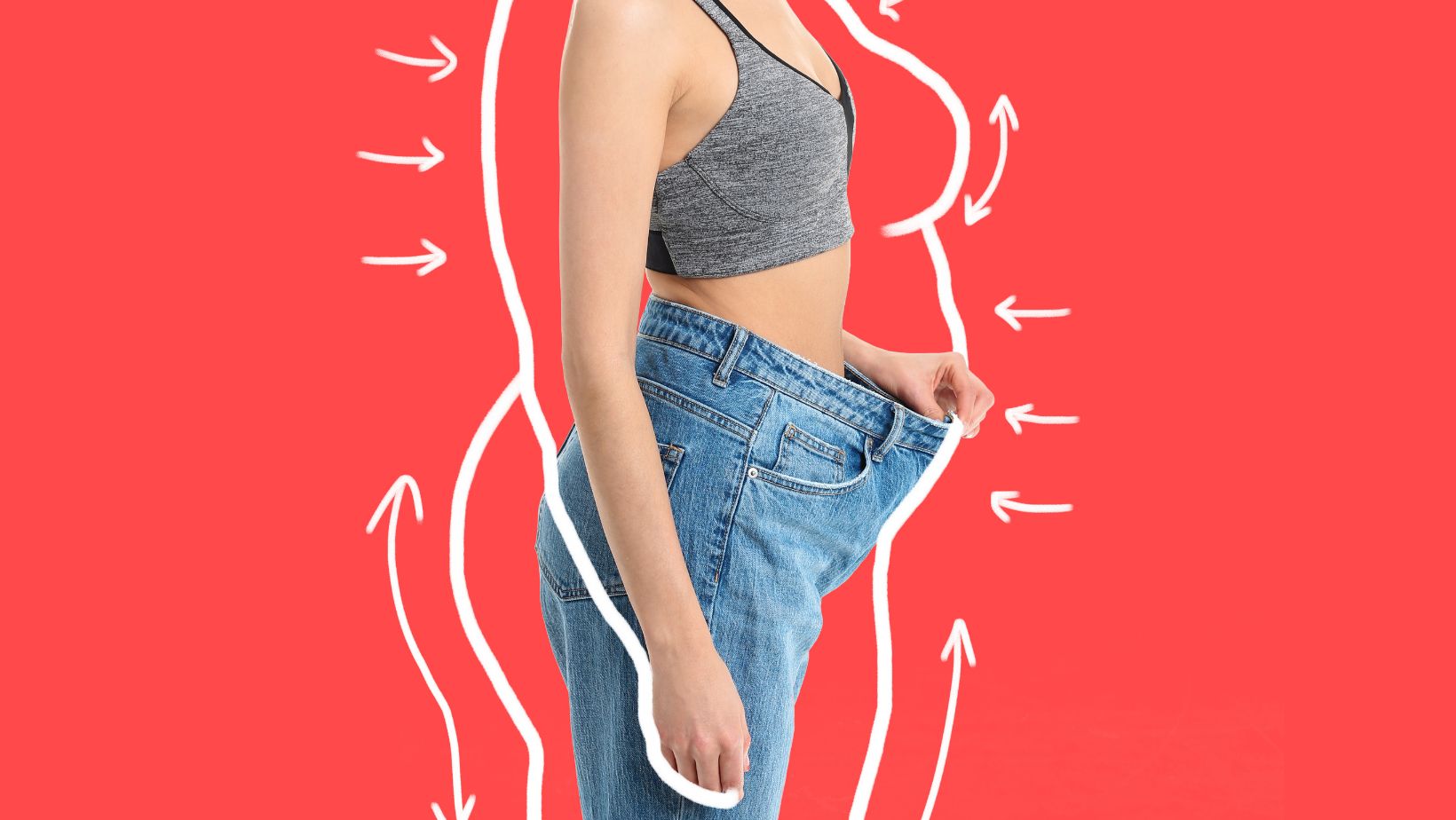 Young Woman in Loose Clothes after Weight Loss on Color Background