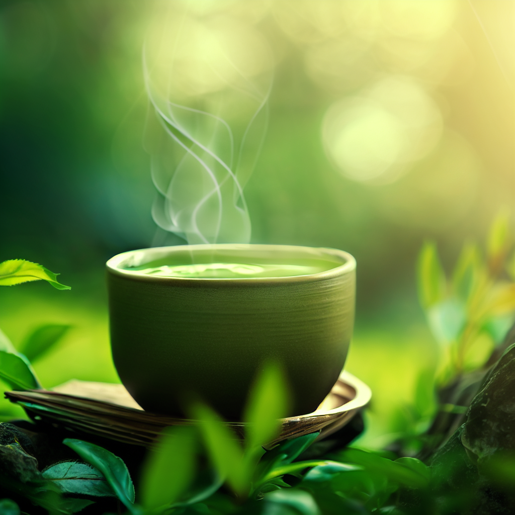 a cup of green tea in a green nature background
