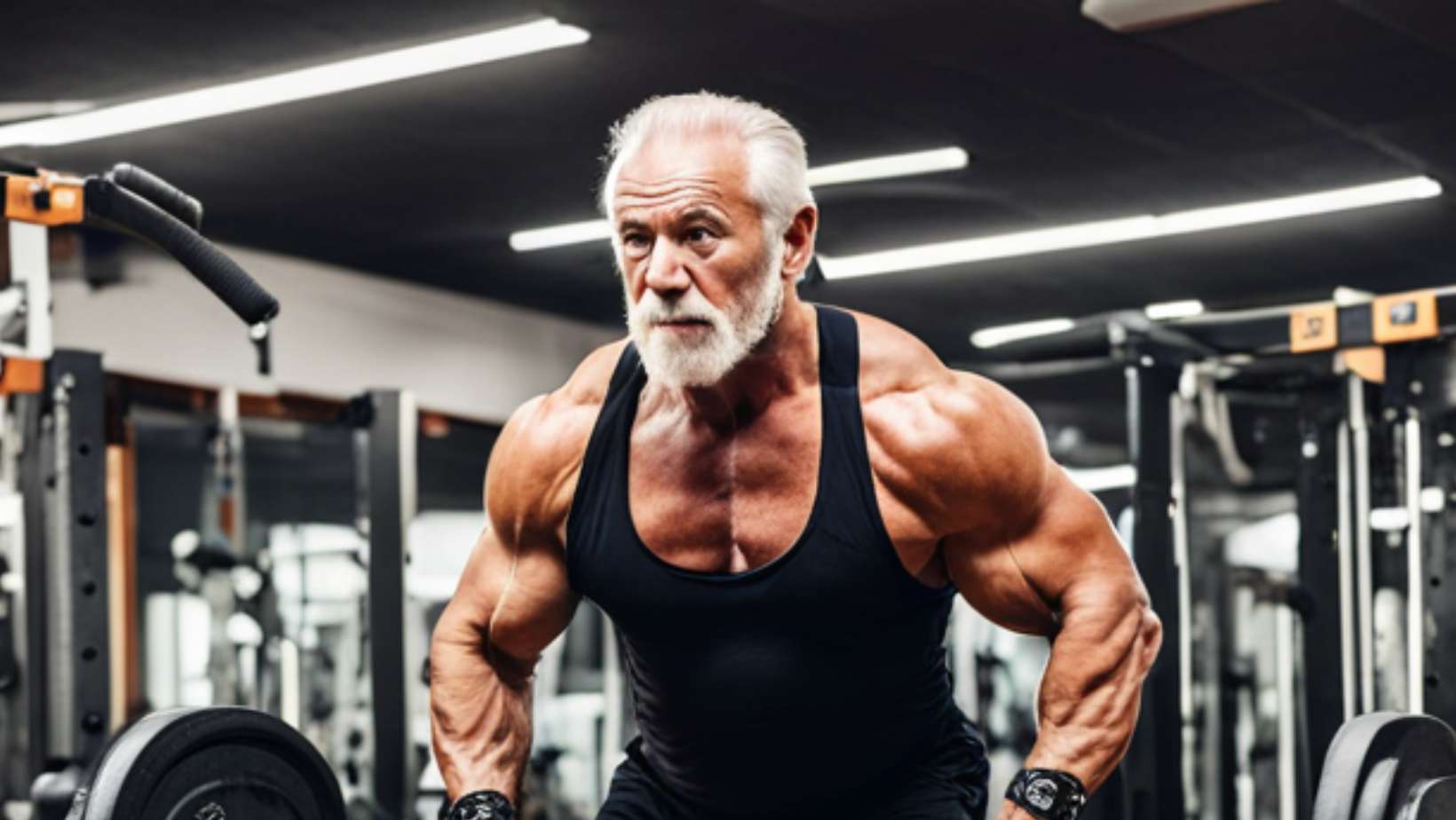 a muscular old man working out in the gym