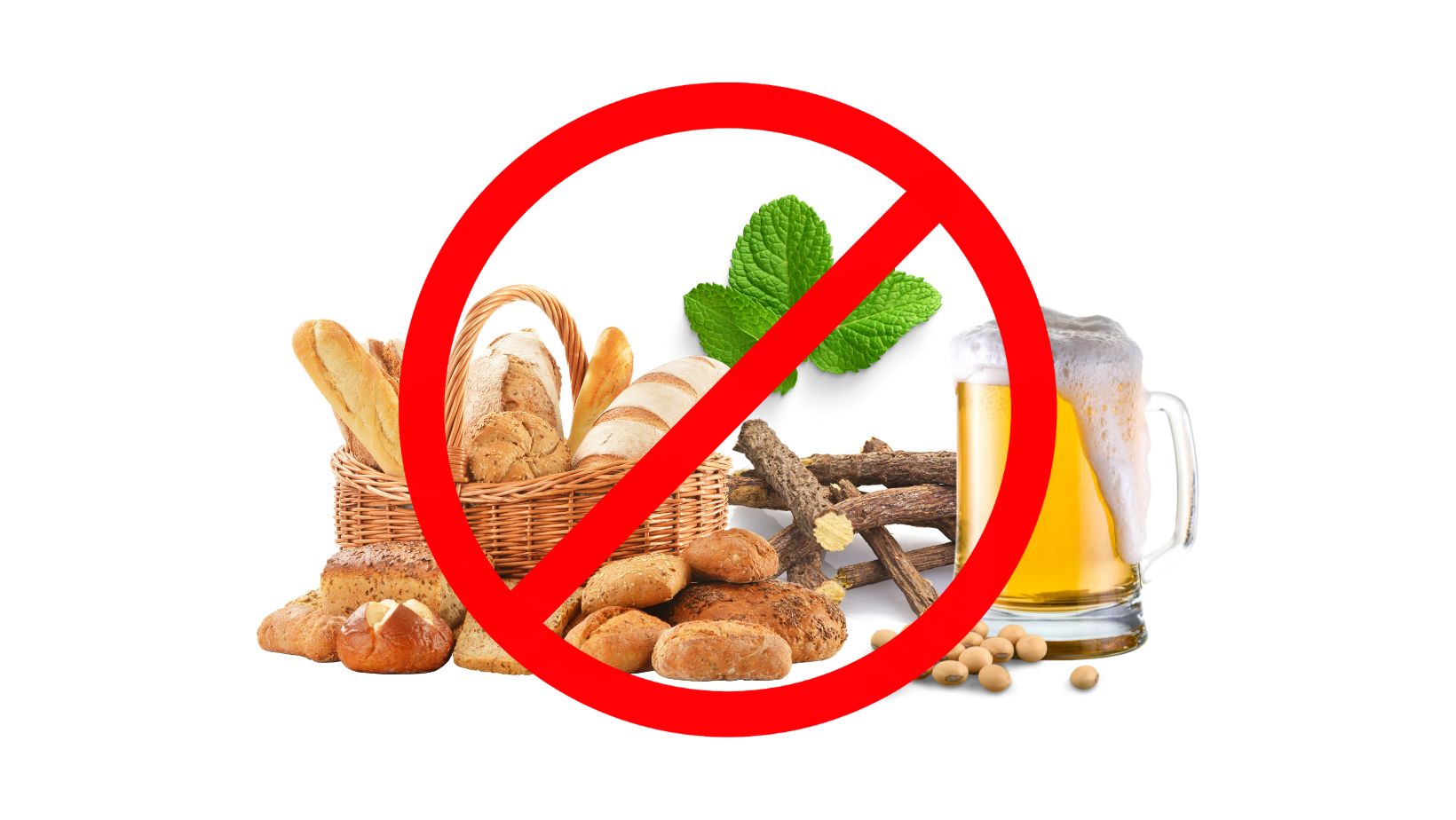 a picture of licorice, beer, soy beans, bread in a basket, and a mint leaf