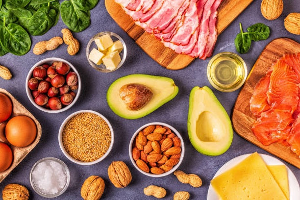 Healthy High Fat Foods- Avocado, Salmon, Nuts, Lean Meat