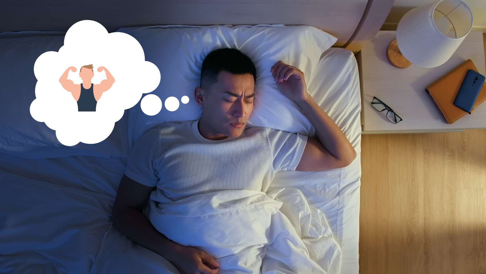 man sleeping and dreaming about having big muscles