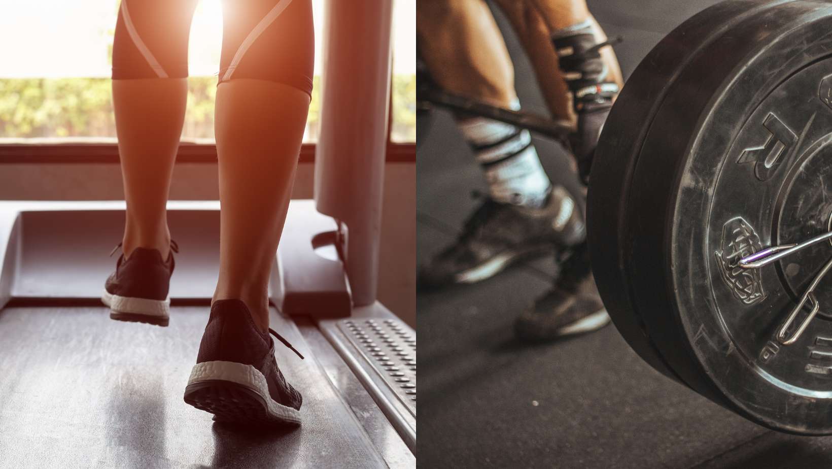 side by side picture of cardio exercise and weight lifting