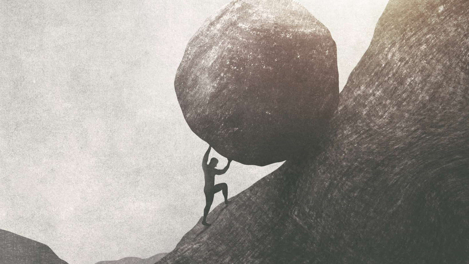 strong man pushing big rock uphill, surreal concept