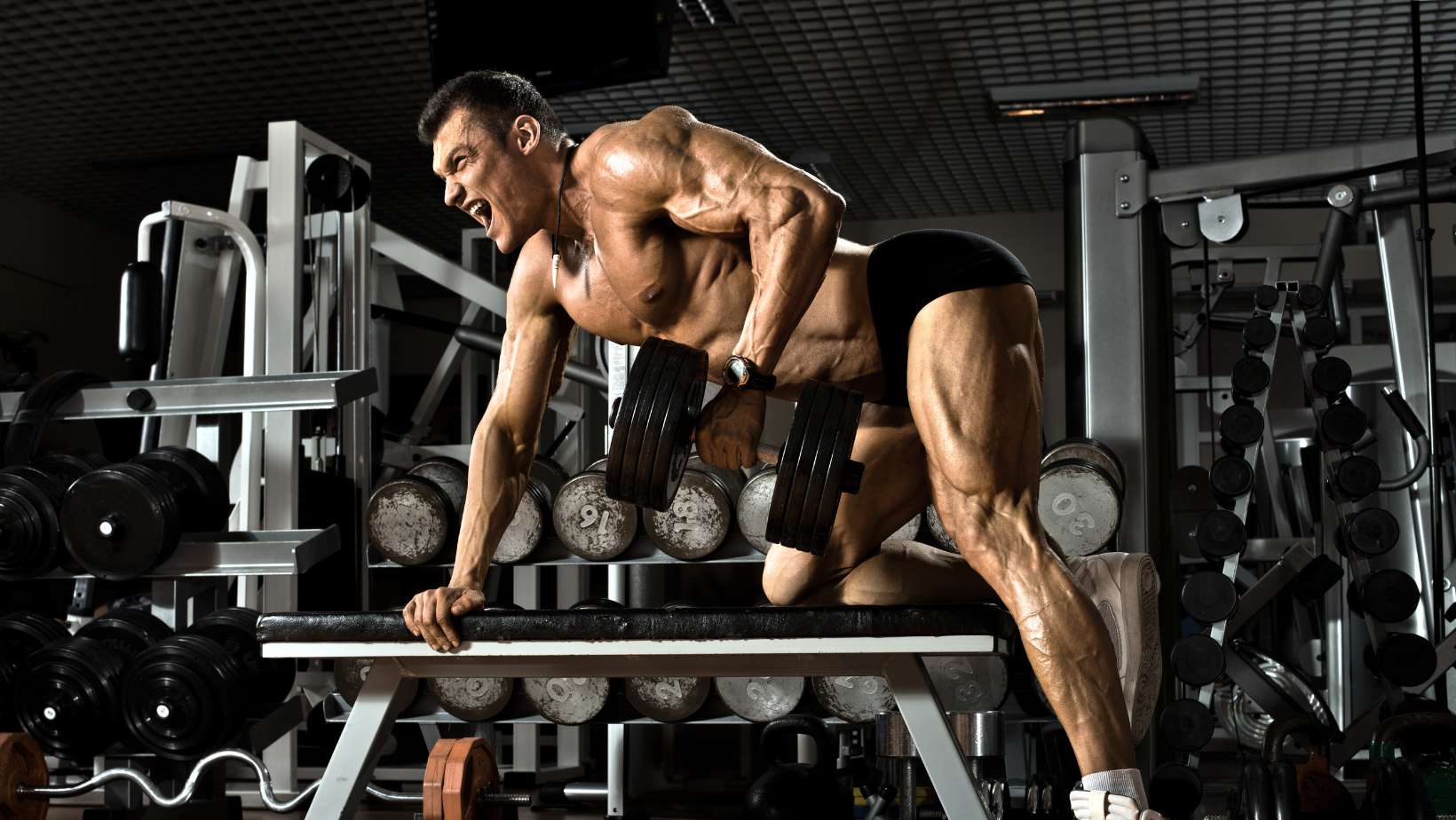 very powerful athletic guy, exeecute exercise with dumbbells, on broadest muscle of back