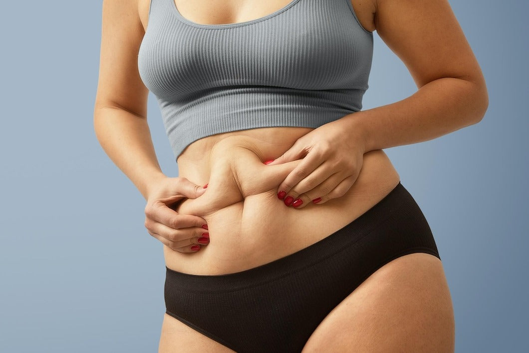 woman body fat belly obese woman hands holding excessive tummy fat change diet lifestyle concept
