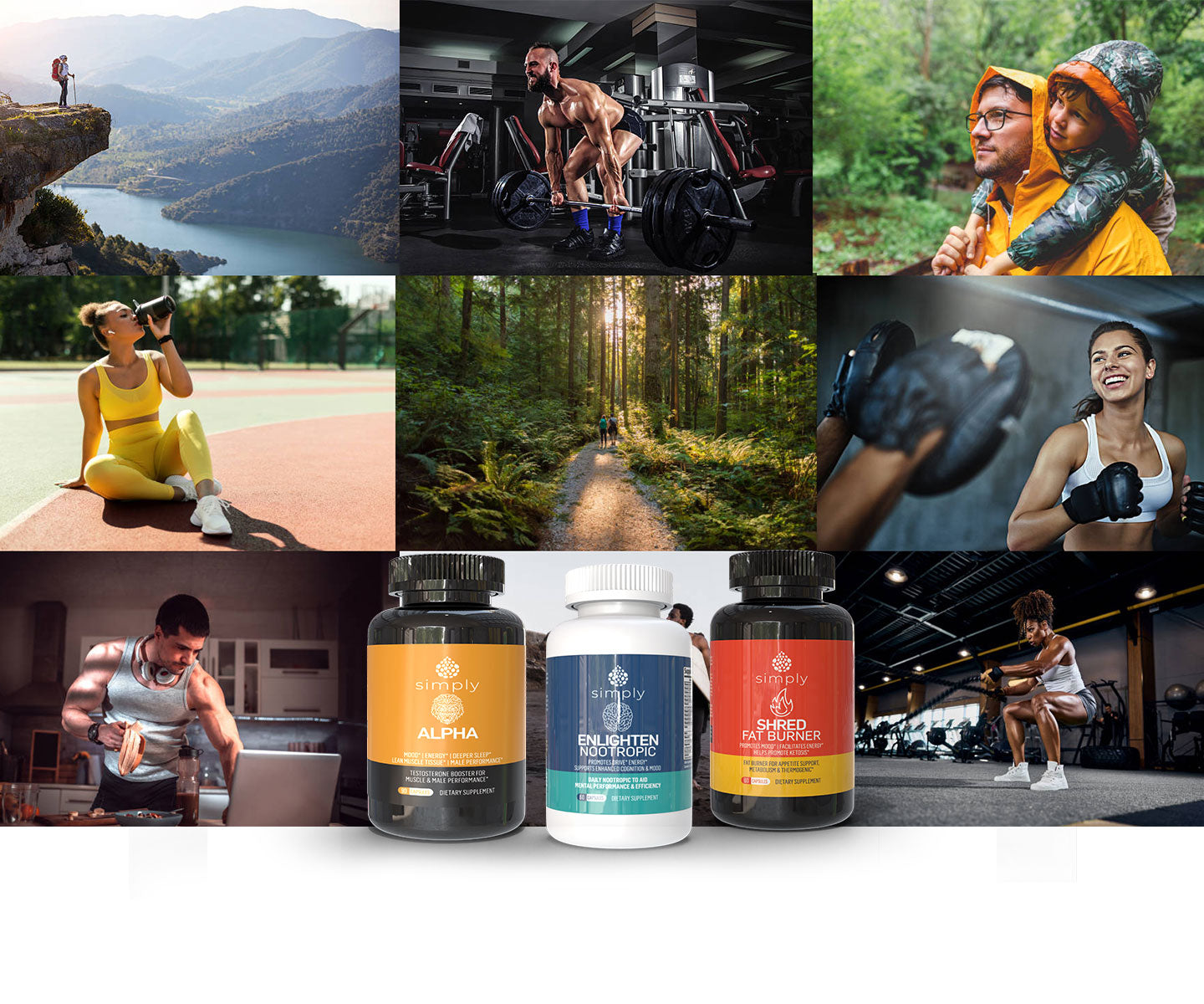 people doing fitness and workout activities with Alpha testosterone Booster, Enlighten Nootropic, and Shred Fat Burner in front of the picture.