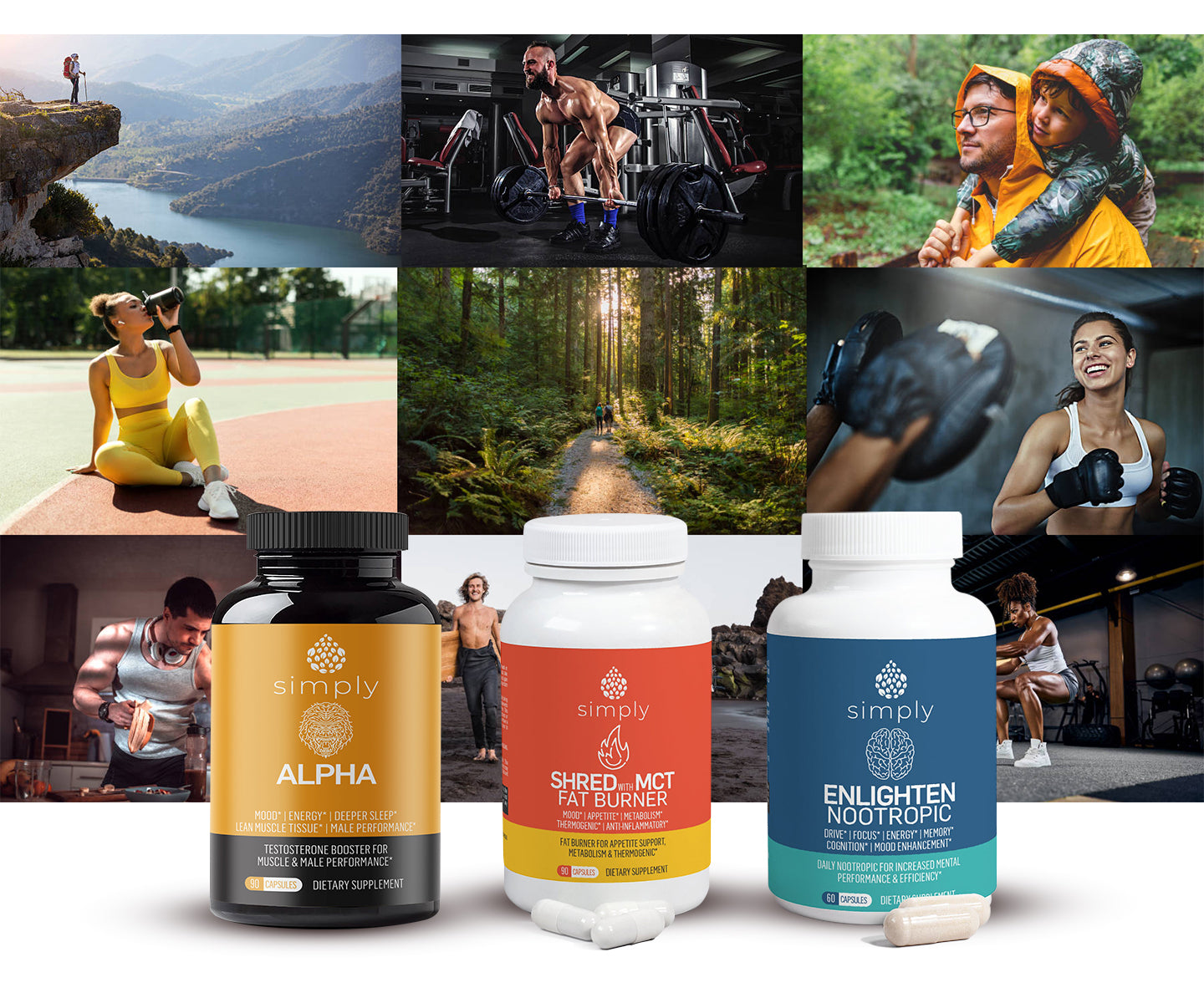 People enjoying being active in life with fitness with bodybuilding supplements in front of the picture