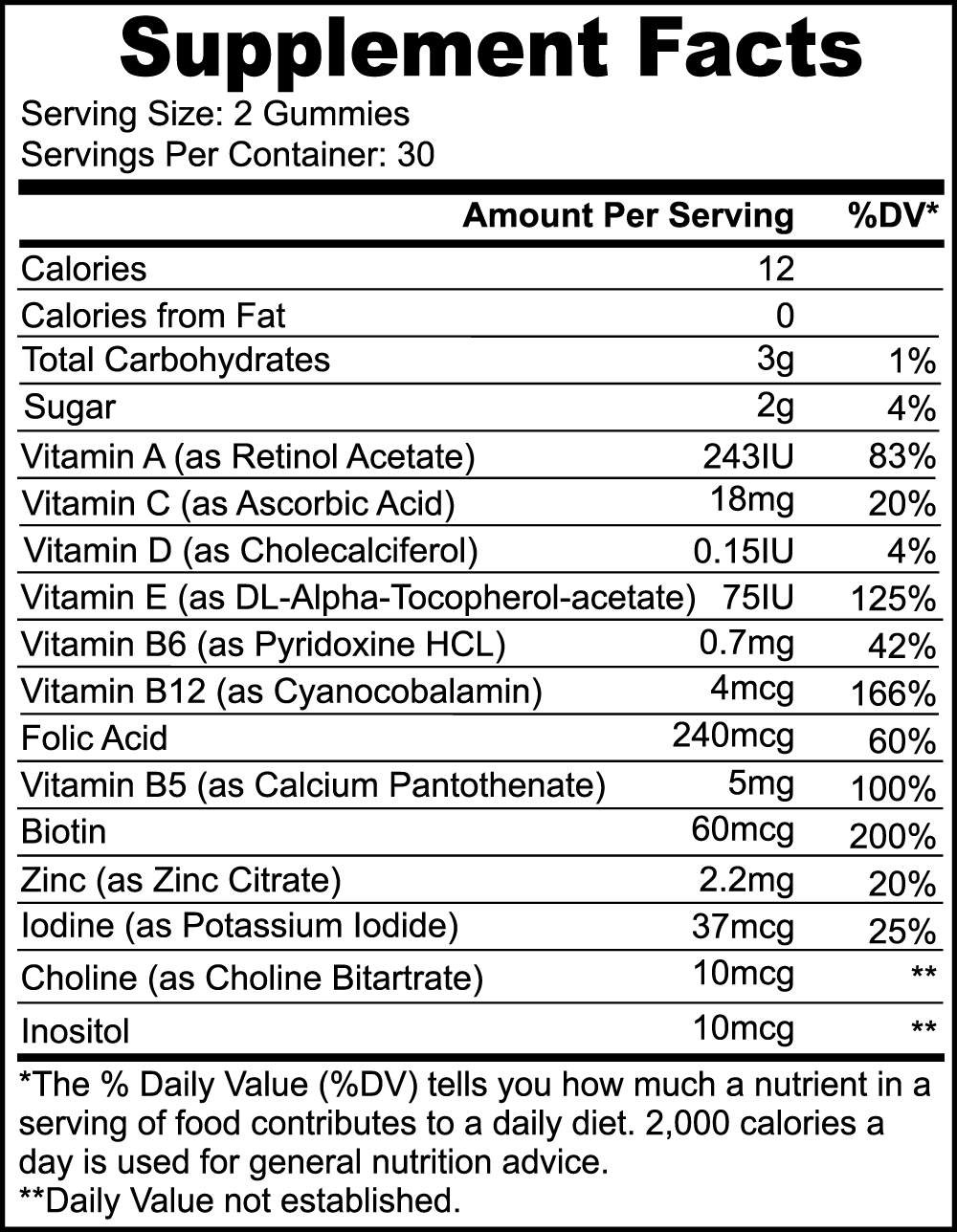 Multivitamin Bear Gummies Dietary Supplement Label